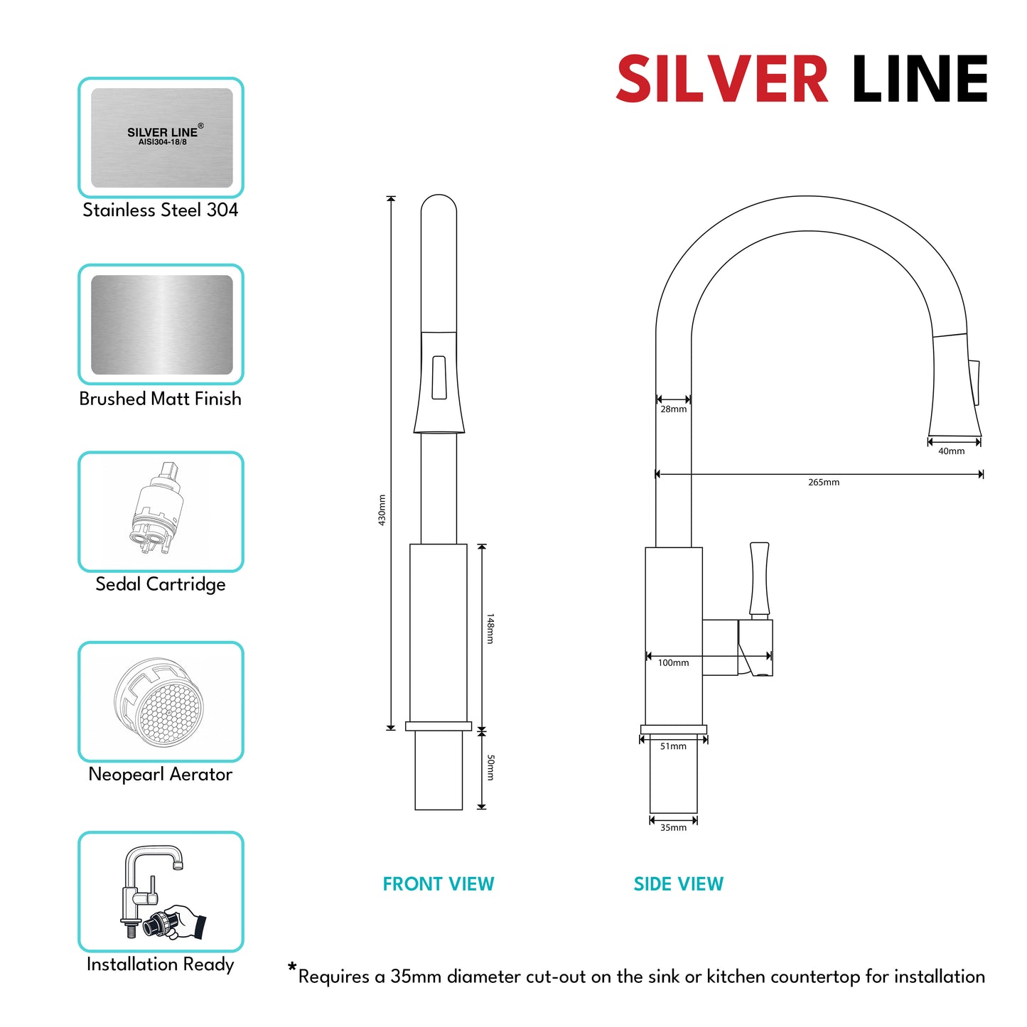 Gooseneck Pull-Down Kitchen Sink Faucet with Two-Function Spray Head - Silver Line