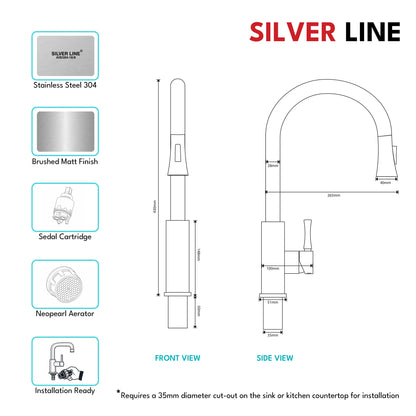 Gooseneck Pull-Down Kitchen Sink Faucet with Two-Function Spray Head - Silver Line