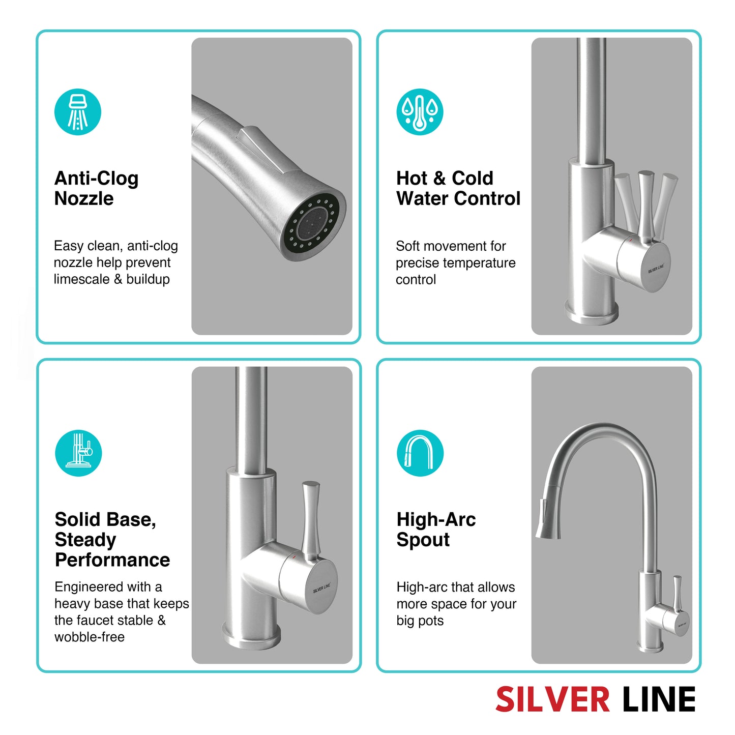 Gooseneck Pull-Down Kitchen Sink Faucet with Two-Function Spray Head - Silver Line