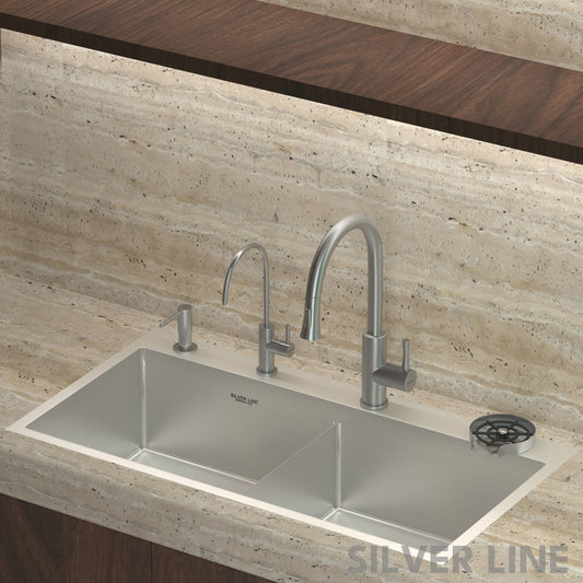 Gooseneck Pull-Down Kitchen Sink Faucet with Two-Function Spray Head - Silver Line