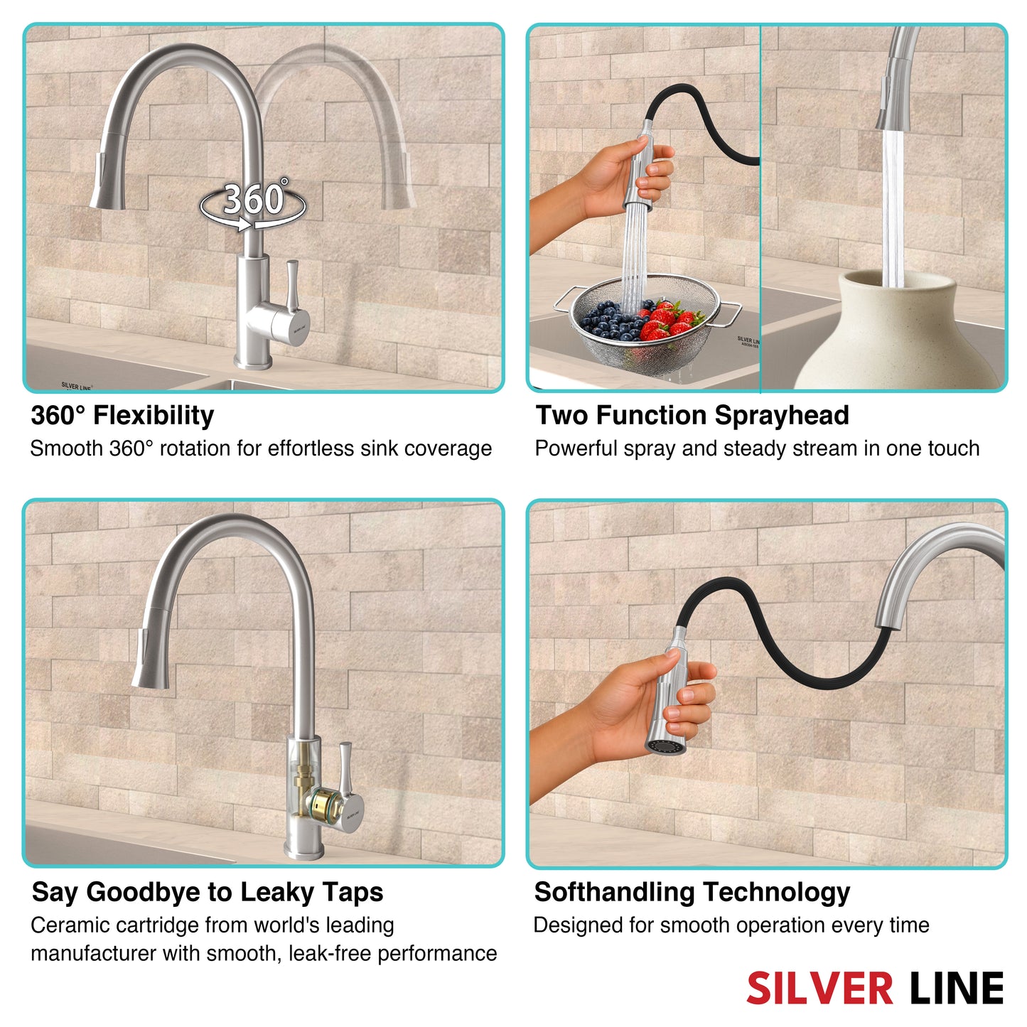 Gooseneck Pull-Down Kitchen Sink Faucet with Two-Function Spray Head - Silver Line