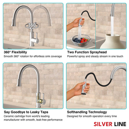 Gooseneck Pull-Down Kitchen Sink Faucet with Two-Function Spray Head - Silver Line