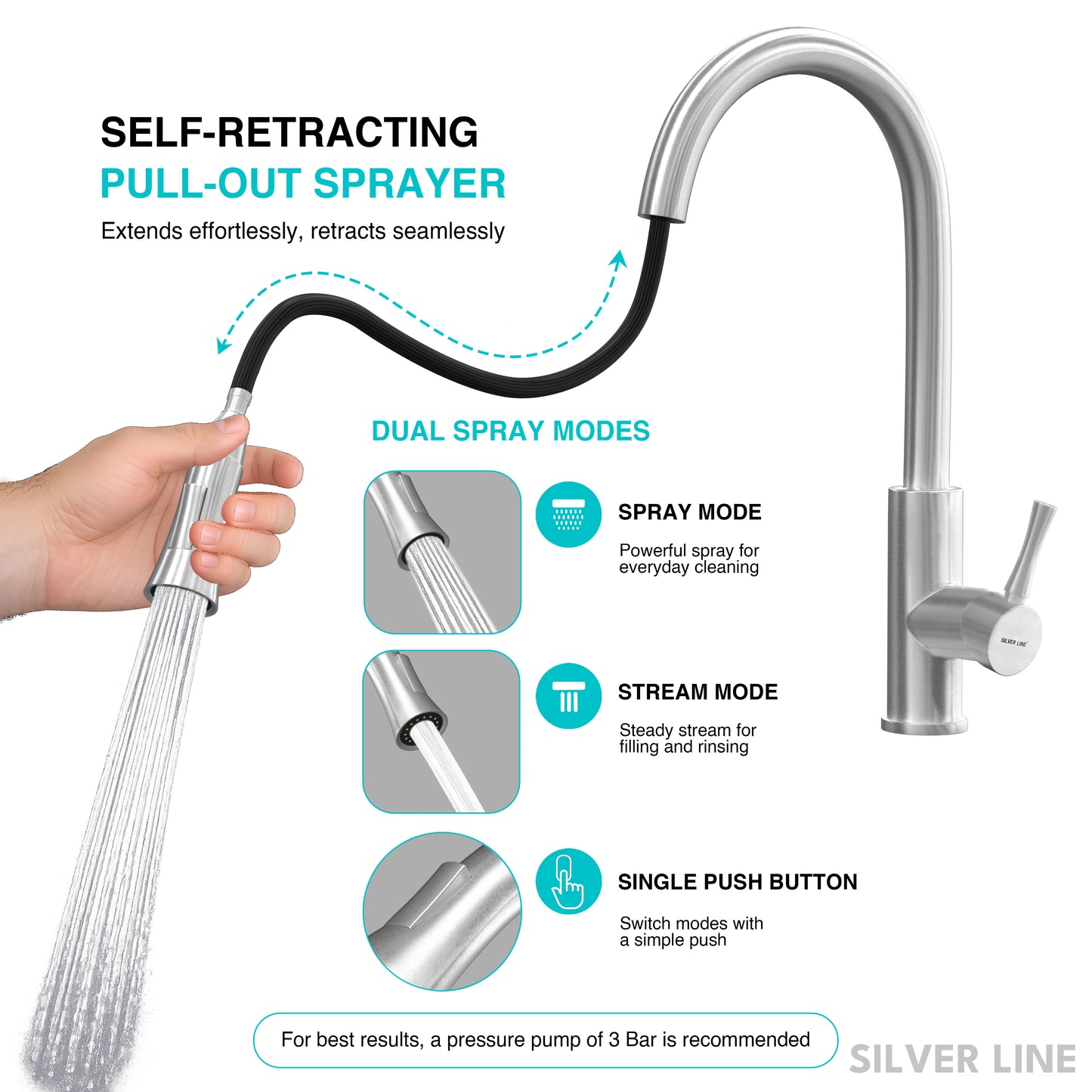 Gooseneck Pull-Down Kitchen Sink Faucet with Two-Function Spray Head - Silver Line