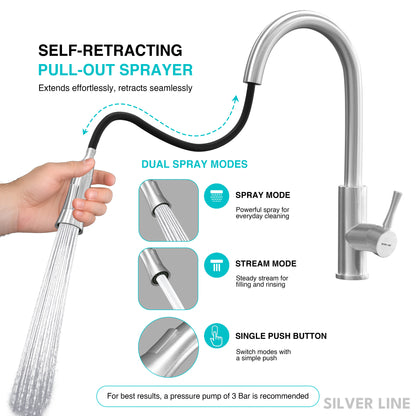 Gooseneck Pull-Down Kitchen Sink Faucet with Two-Function Spray Head - Silver Line
