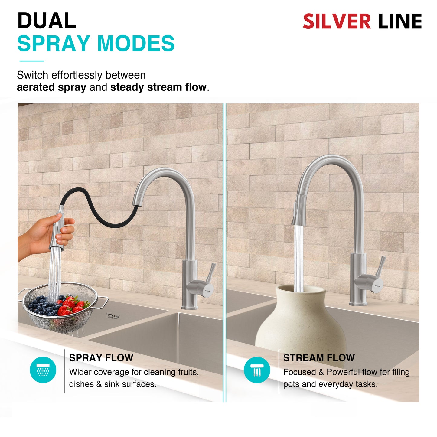 Gooseneck Pull-Down Kitchen Sink Faucet with Two-Function Spray Head - Silver Line