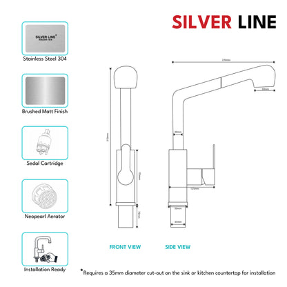 Pull-Out Kitchen Sink Faucet with Two-Function Spray Head - Silver Line