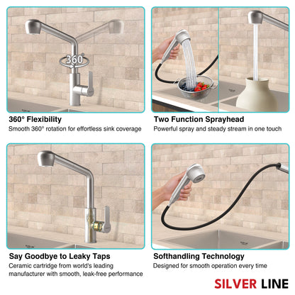 Pull-Out Kitchen Sink Faucet with Two-Function Spray Head - Silver Line