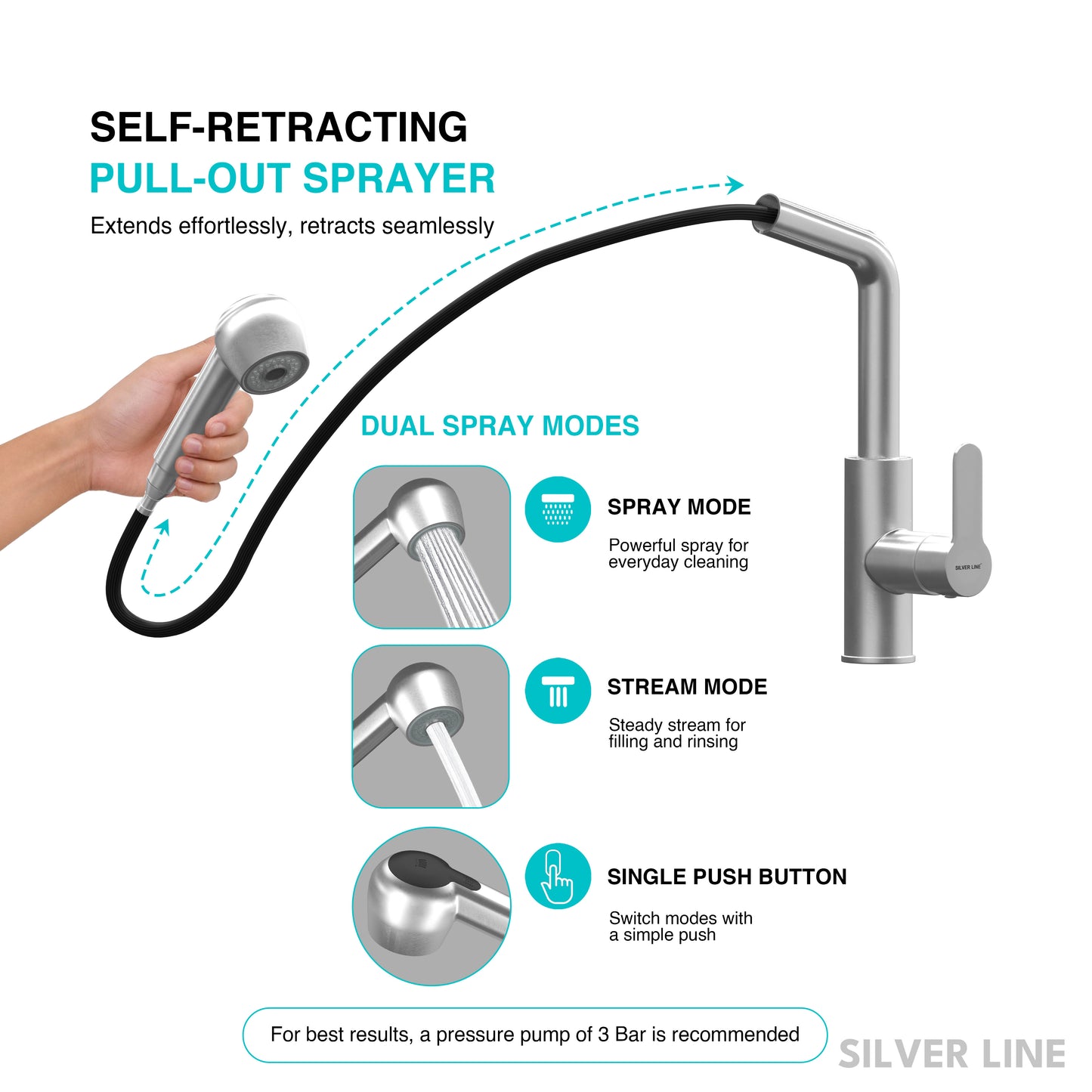 Pull-Out Kitchen Sink Faucet with Two-Function Spray Head - Silver Line