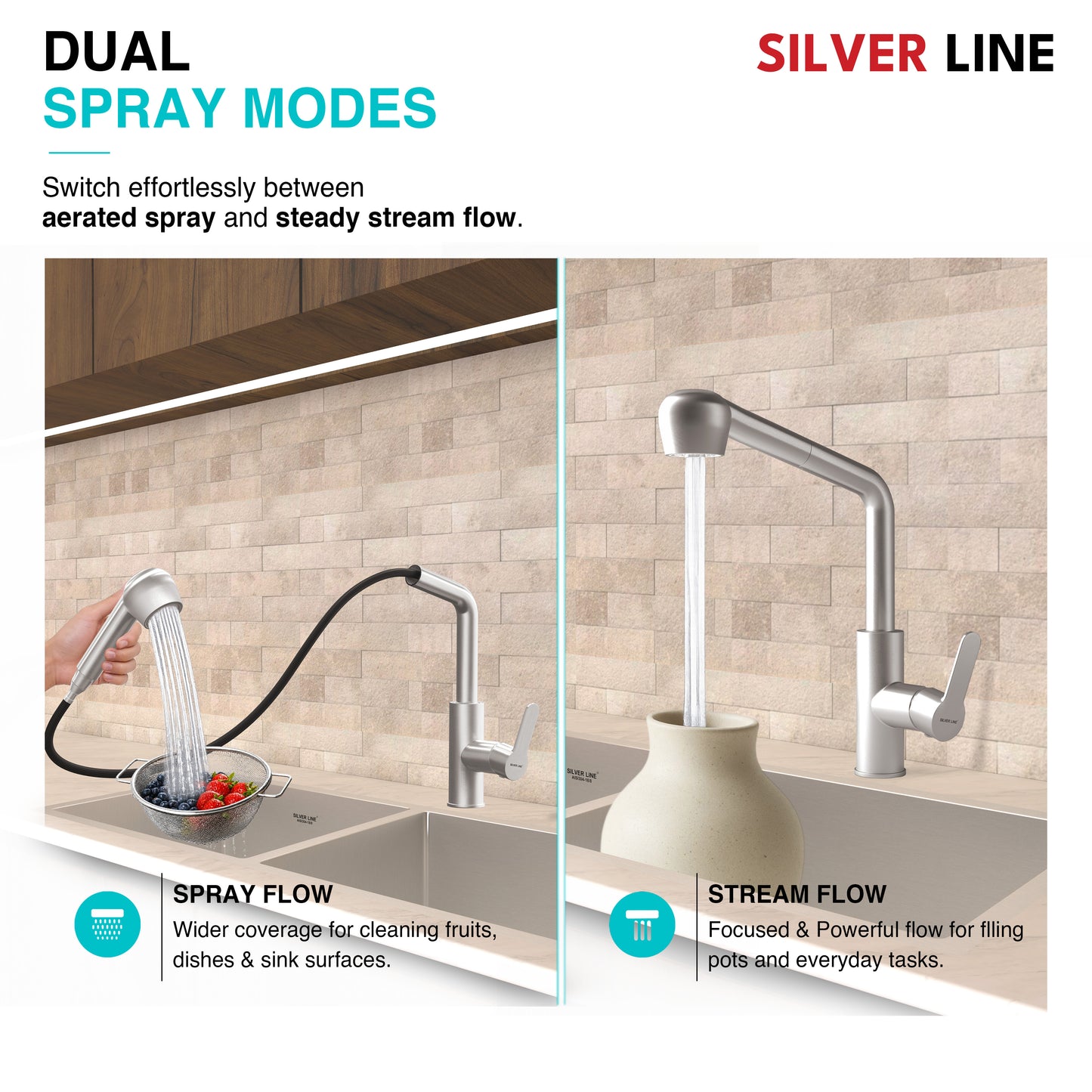 Pull-Out Kitchen Sink Faucet with Two-Function Spray Head - Silver Line