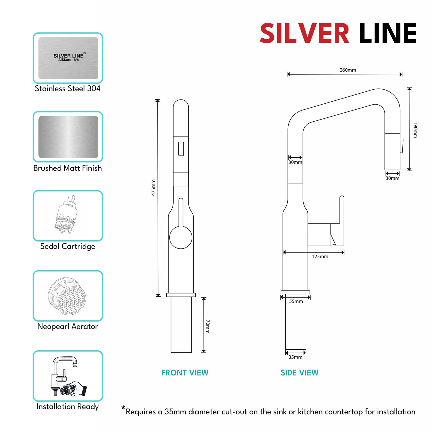 Angled Pull-Down Kitchen Sink Faucet with Two-Function Spray Head - Silver Line