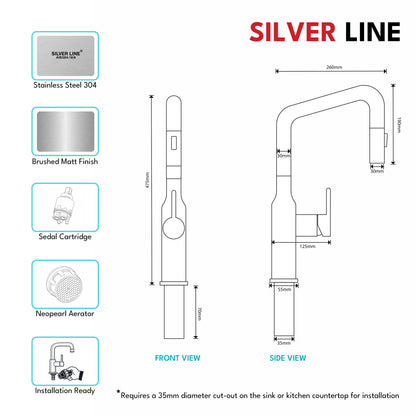 Angled Pull-Down Kitchen Sink Faucet with Two-Function Spray Head - Silver Line