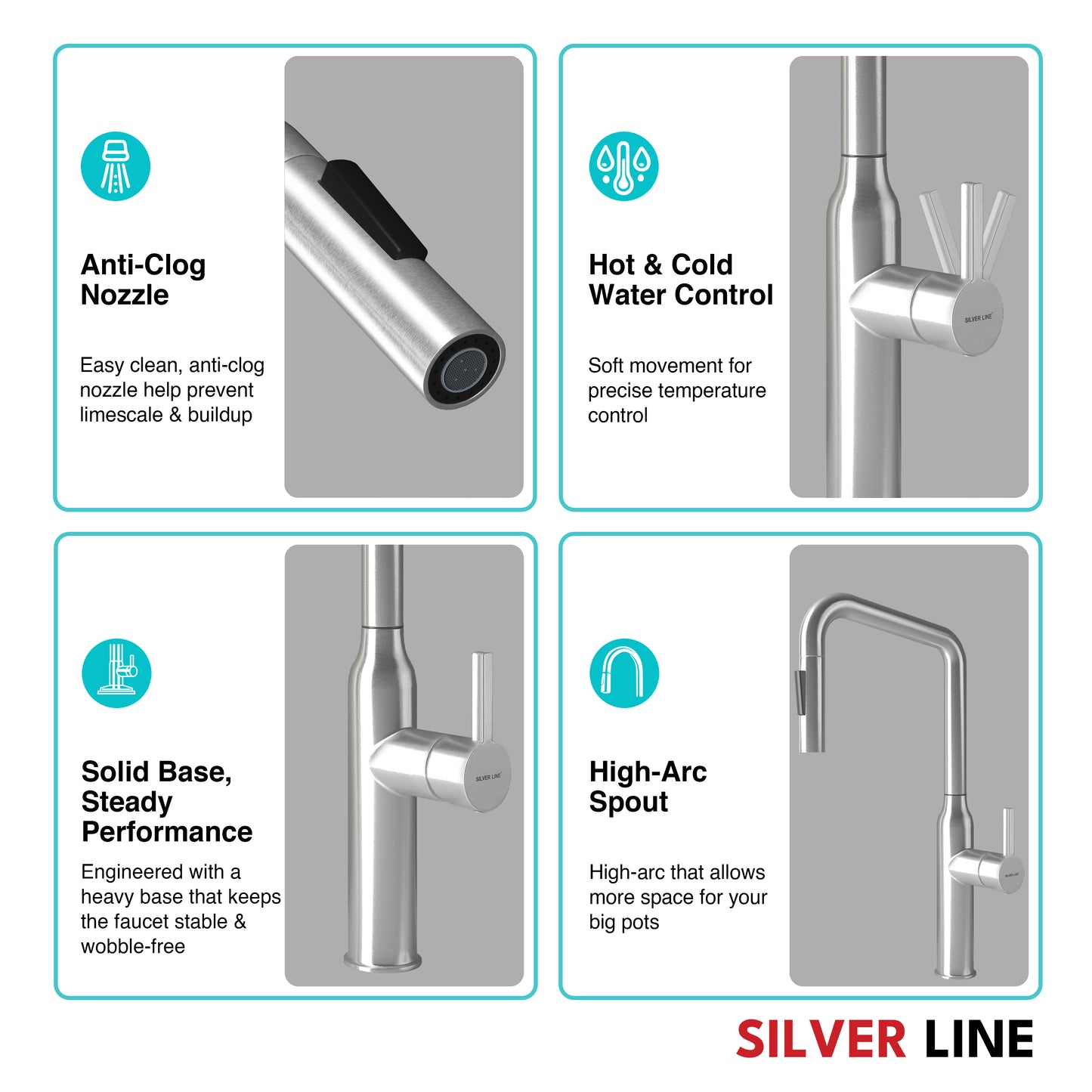 Angled Pull-Down Kitchen Sink Faucet with Two-Function Spray Head - Silver Line