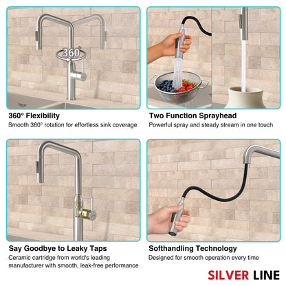 Angled Pull-Down Kitchen Sink Faucet with Two-Function Spray Head - Silver Line