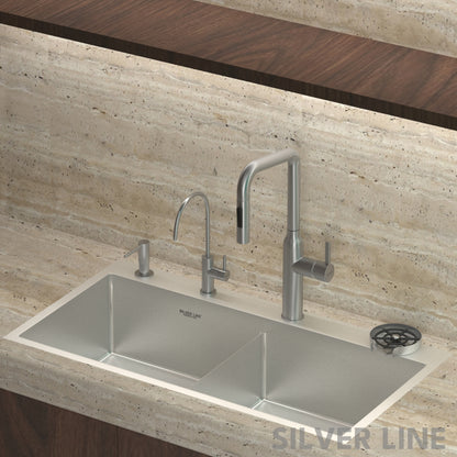 Angled Pull-Down Kitchen Sink Faucet with Two-Function Spray Head - Silver Line