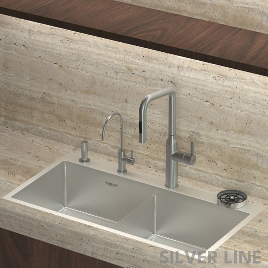 Angled Pull-Down Kitchen Sink Faucet with Two-Function Spray Head - Silver Line