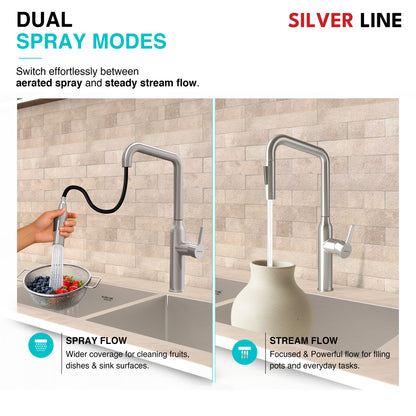 Angled Pull-Down Kitchen Sink Faucet with Two-Function Spray Head - Silver Line