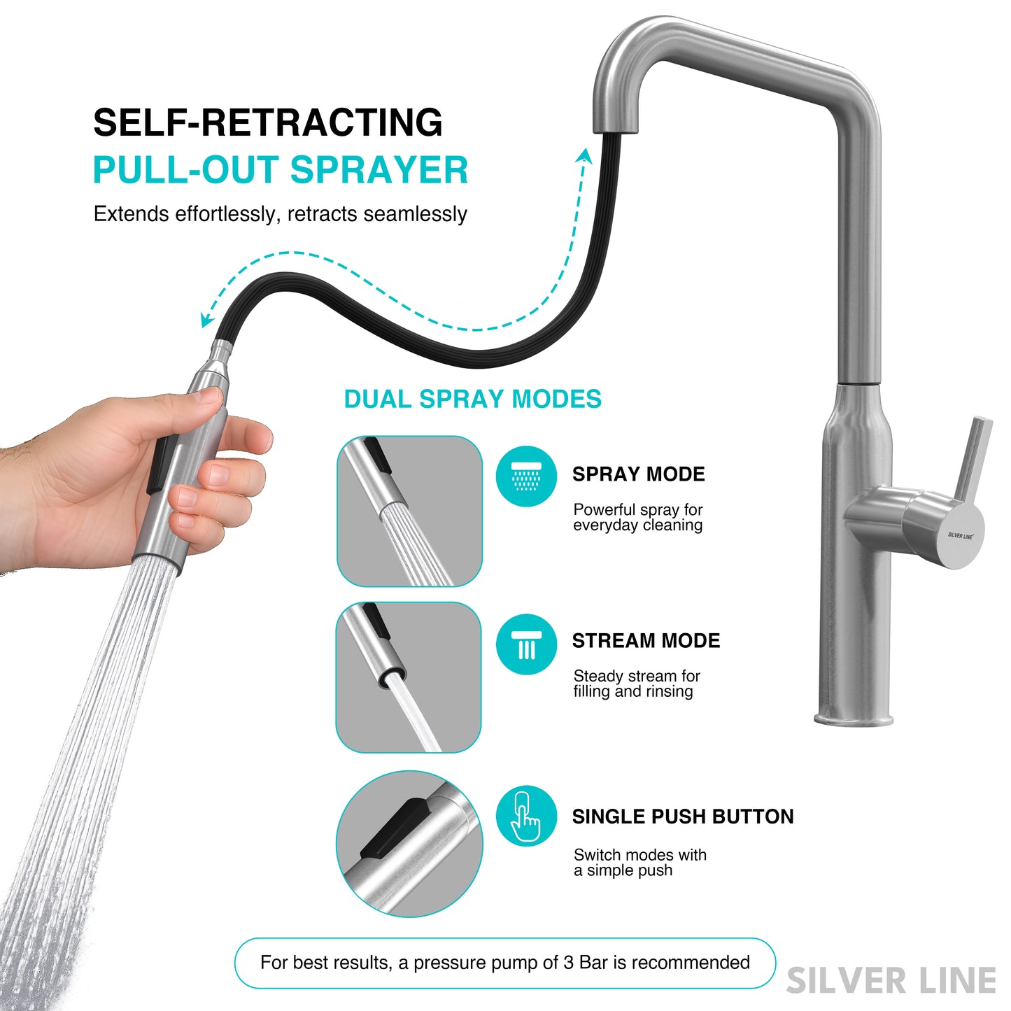 Angled Pull-Down Kitchen Sink Faucet with Two-Function Spray Head - Silver Line