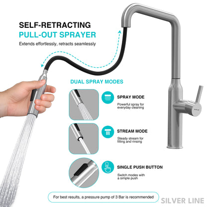 Angled Pull-Down Kitchen Sink Faucet with Two-Function Spray Head - Silver Line
