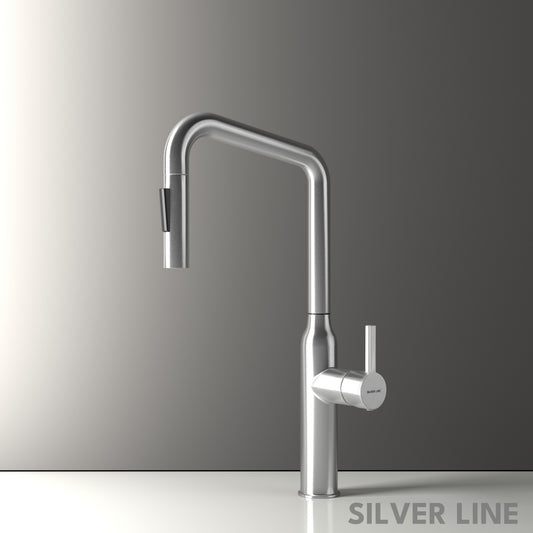 Angled Pull-Down Kitchen Sink Faucet with Two-Function Spray Head - Silver Line