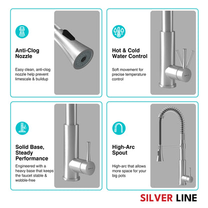 Spiral Coil High-arc Pull-Down Kitchen Sink Faucet with Two-Function Spray Head - Silver Line