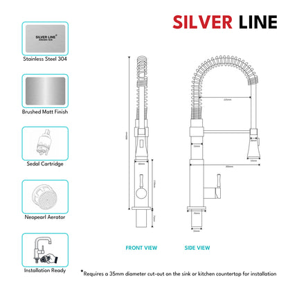 Spiral Coil High-arc Pull-Down Kitchen Sink Faucet with Two-Function Spray Head - Silver Line