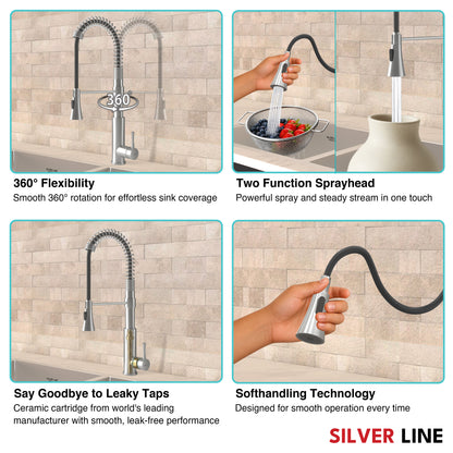 Spiral Coil High-arc Pull-Down Kitchen Sink Faucet with Two-Function Spray Head - Silver Line