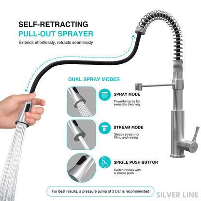Spiral Coil High-arc Pull-Down Kitchen Sink Faucet with Two-Function Spray Head - Silver Line