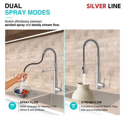 Spiral Coil High-arc Pull-Down Kitchen Sink Faucet with Two-Function Spray Head - Silver Line