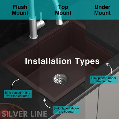 German Quartz Single Bowl Kitchen Sink - Coffee (18" x 16" x 8")