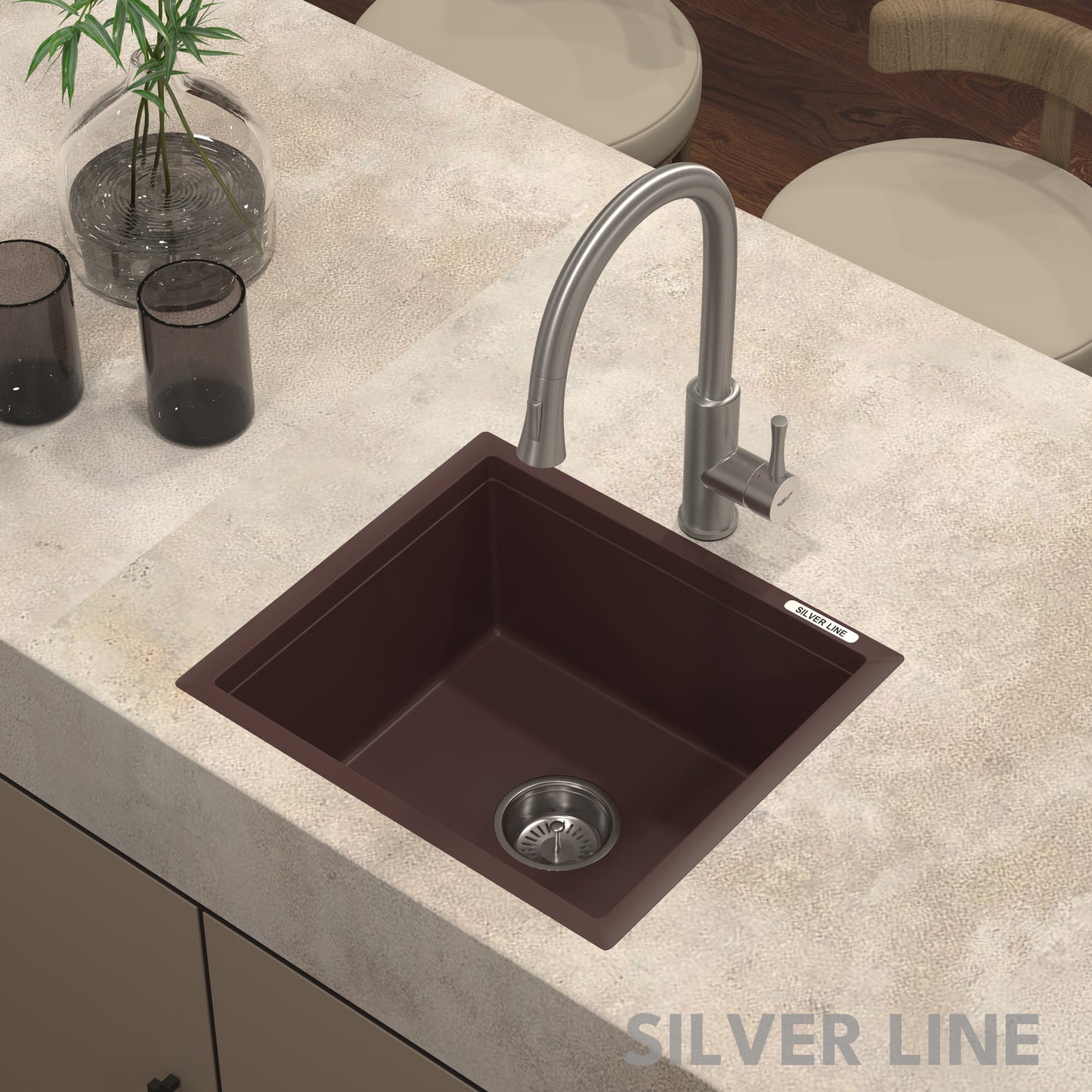 German Quartz Single Bowl Kitchen Sink - Coffee (18" x 16" x 8")