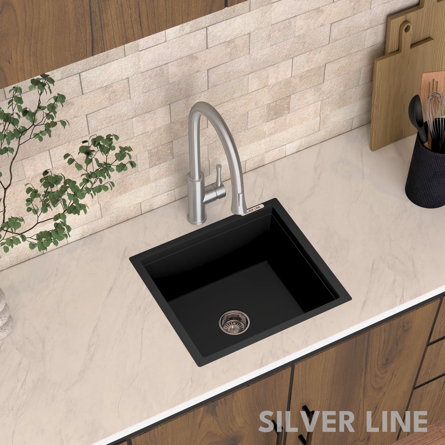 German Quartz Single Bowl Kitchen Sink - Midnight Black (18" x 16" x 8")