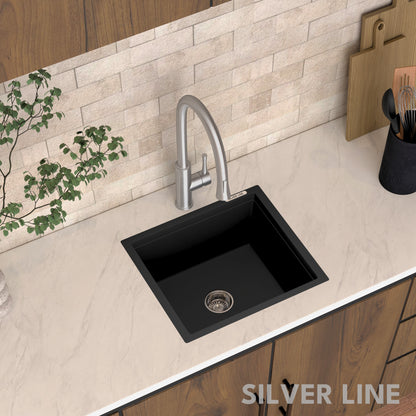 German Quartz Single Bowl Kitchen Sink - Midnight Black (18" x 16" x 8")