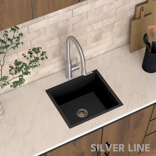 German Quartz Single Bowl Kitchen Sink - Midnight Black (18" x 16" x 8")