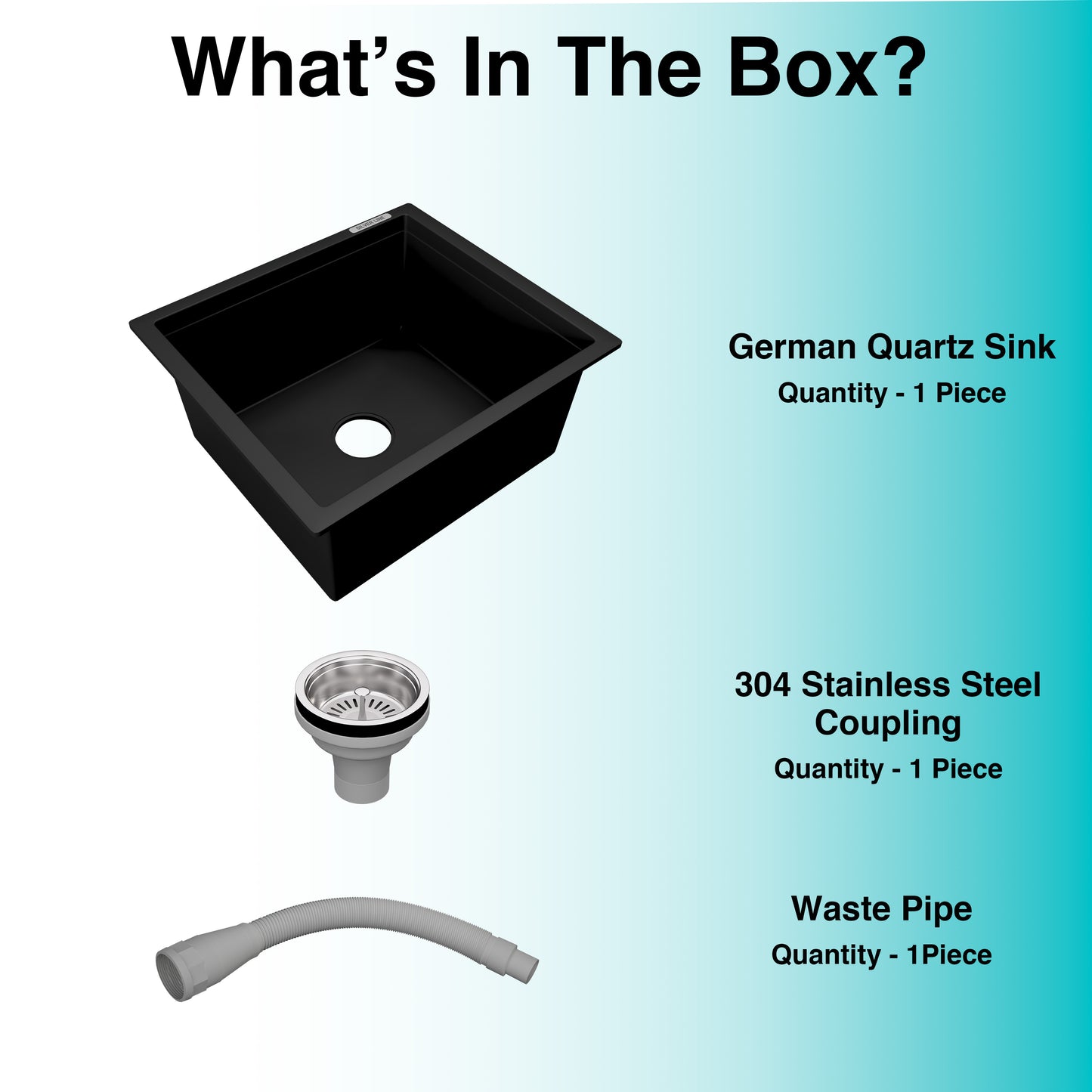 German Quartz Single Bowl Kitchen Sink - Midnight Black (18" x 16" x 8")