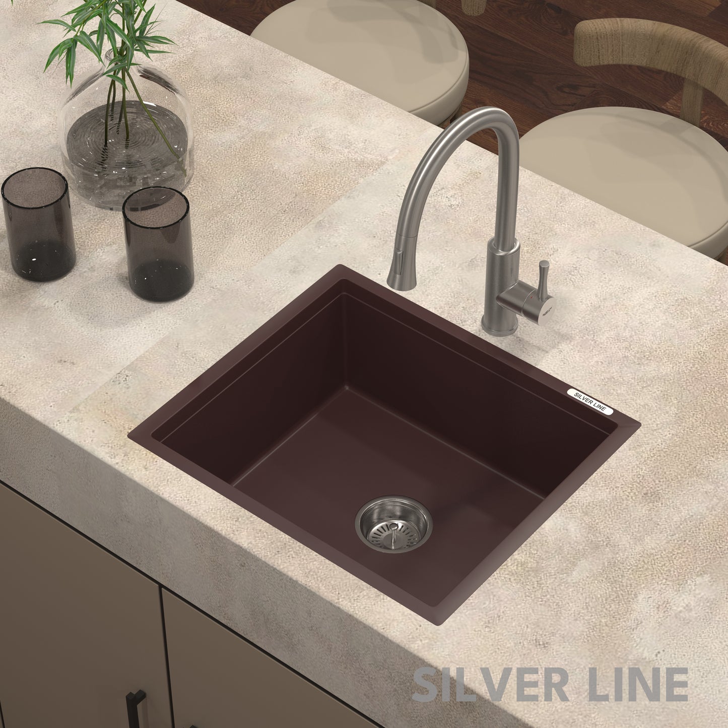 German Quartz Single Bowl Kitchen Sink - Coffee (21" x 18" x 8")