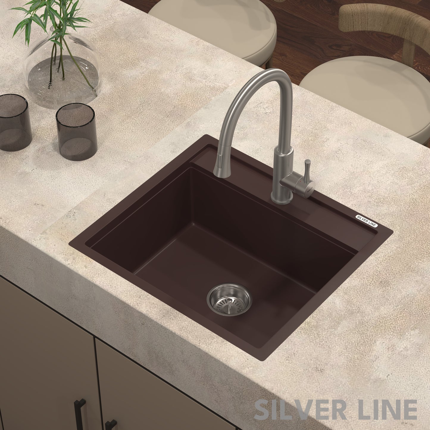 German Quartz Single Bowl Kitchen Sink with Faucet Deck- Coffee (22" x 20" x 8")