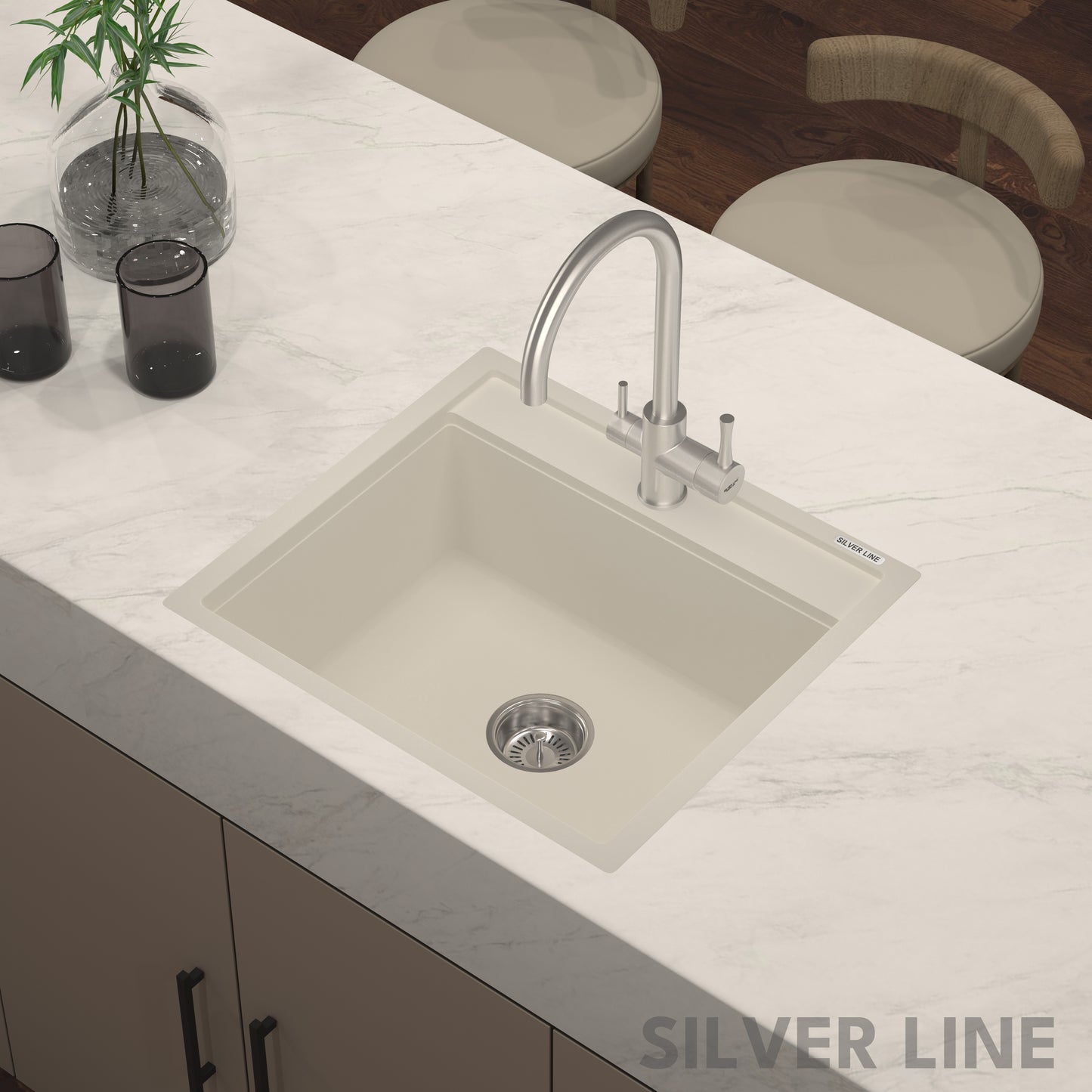 German Quartz Single Bowl Kitchen Sink with Faucet Deck- Ivory (22" x 20" x 8")