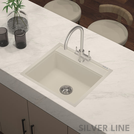 German Quartz Single Bowl Kitchen Sink with Faucet Deck- Ivory (22" x 20" x 8")