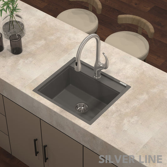 German Quartz Single Bowl Kitchen Sink with Faucet Deck- Slate (22" x 20" x 8")
