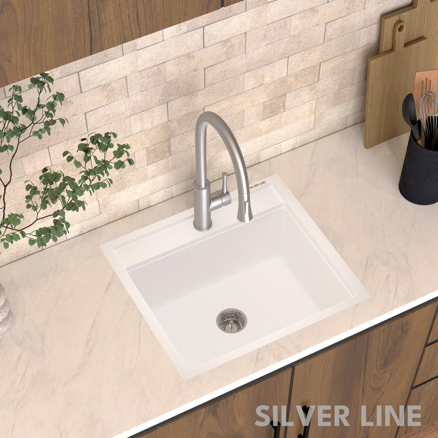 German Quartz Single Bowl Kitchen Sink with Faucet Deck- Snow White (22" x 20" x 8")