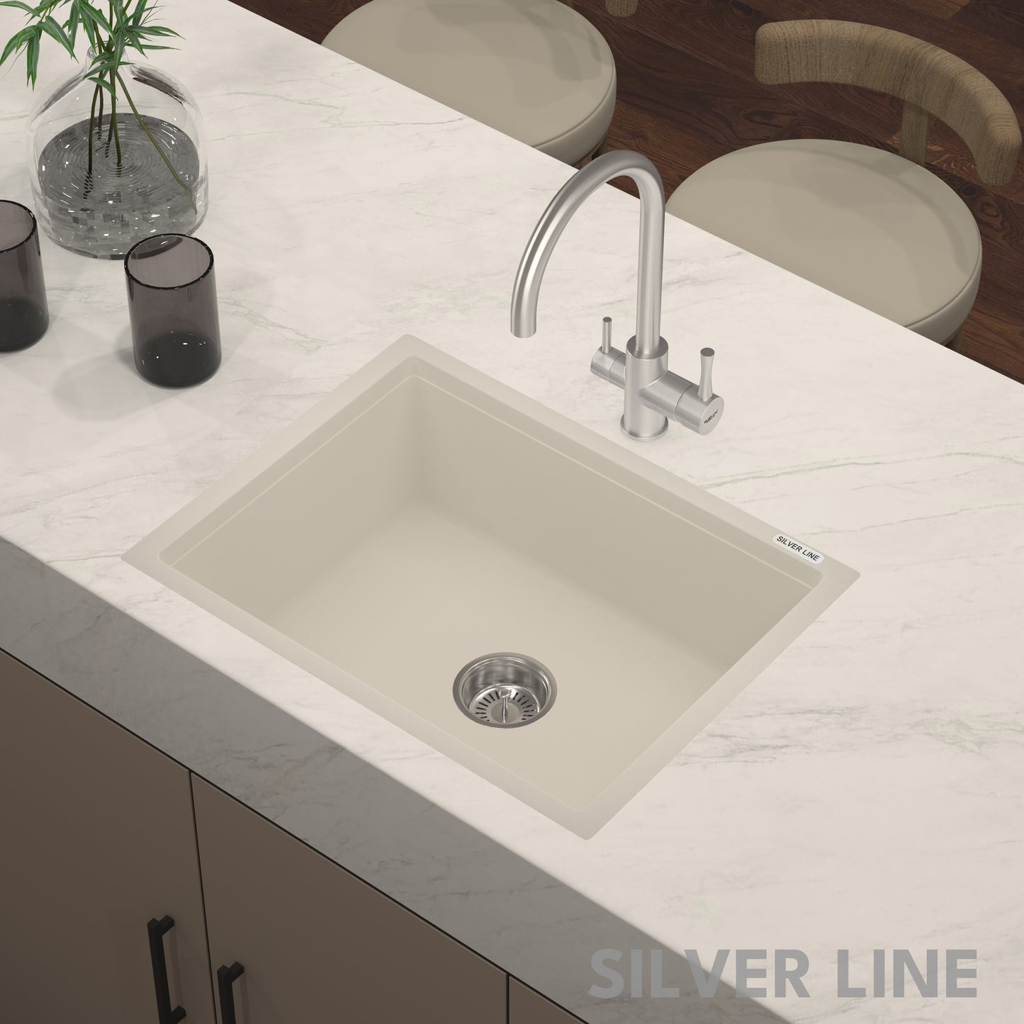 German Quartz Single Bowl Kitchen Sink - Ivory (24" x 18" x 8")