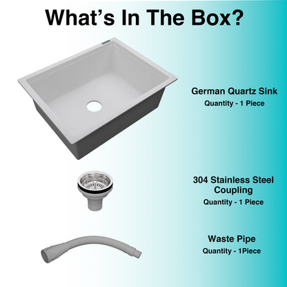German Quartz Single Bowl Kitchen Sink - Snow White (24" x 18" x 8")