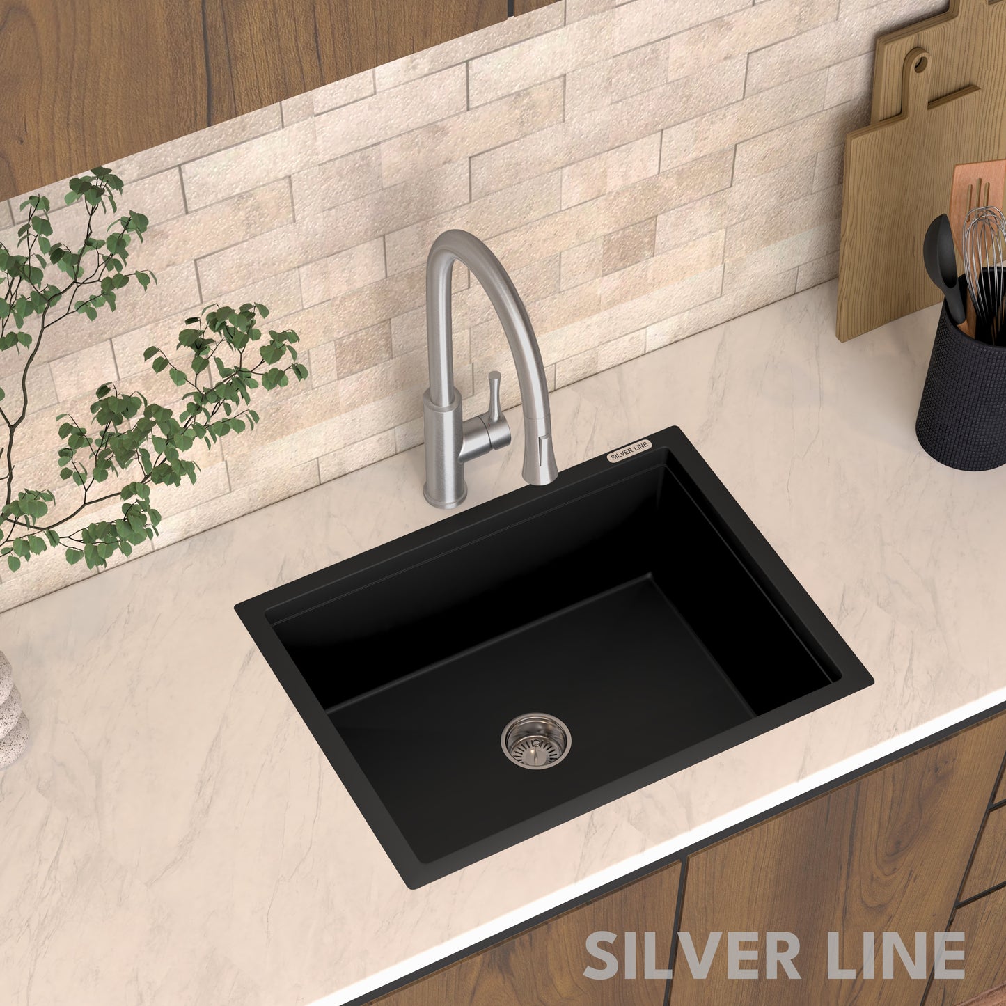 German Quartz Single Bowl Kitchen Sink - Midnight Black (24" x 18" x 8")