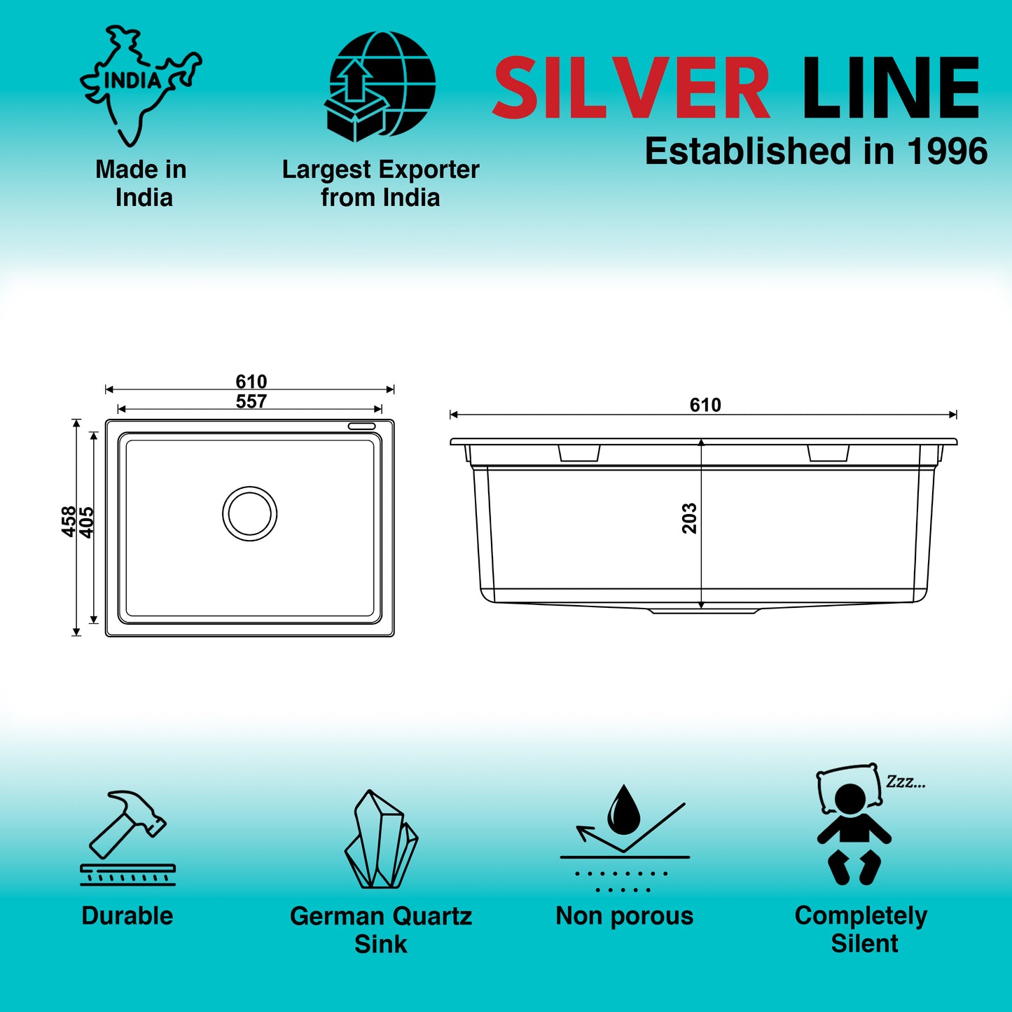 German Quartz Single Bowl Kitchen Sink - Snow White (24" x 18" x 8")