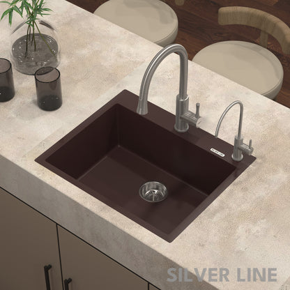 German Quartz Single Bowl Kitchen Sink with Faucet Deck- Coffee (24" x 20" x 9")