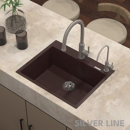 German Quartz Single Bowl Kitchen Sink with Faucet Deck- Coffee (24" x 20" x 9")