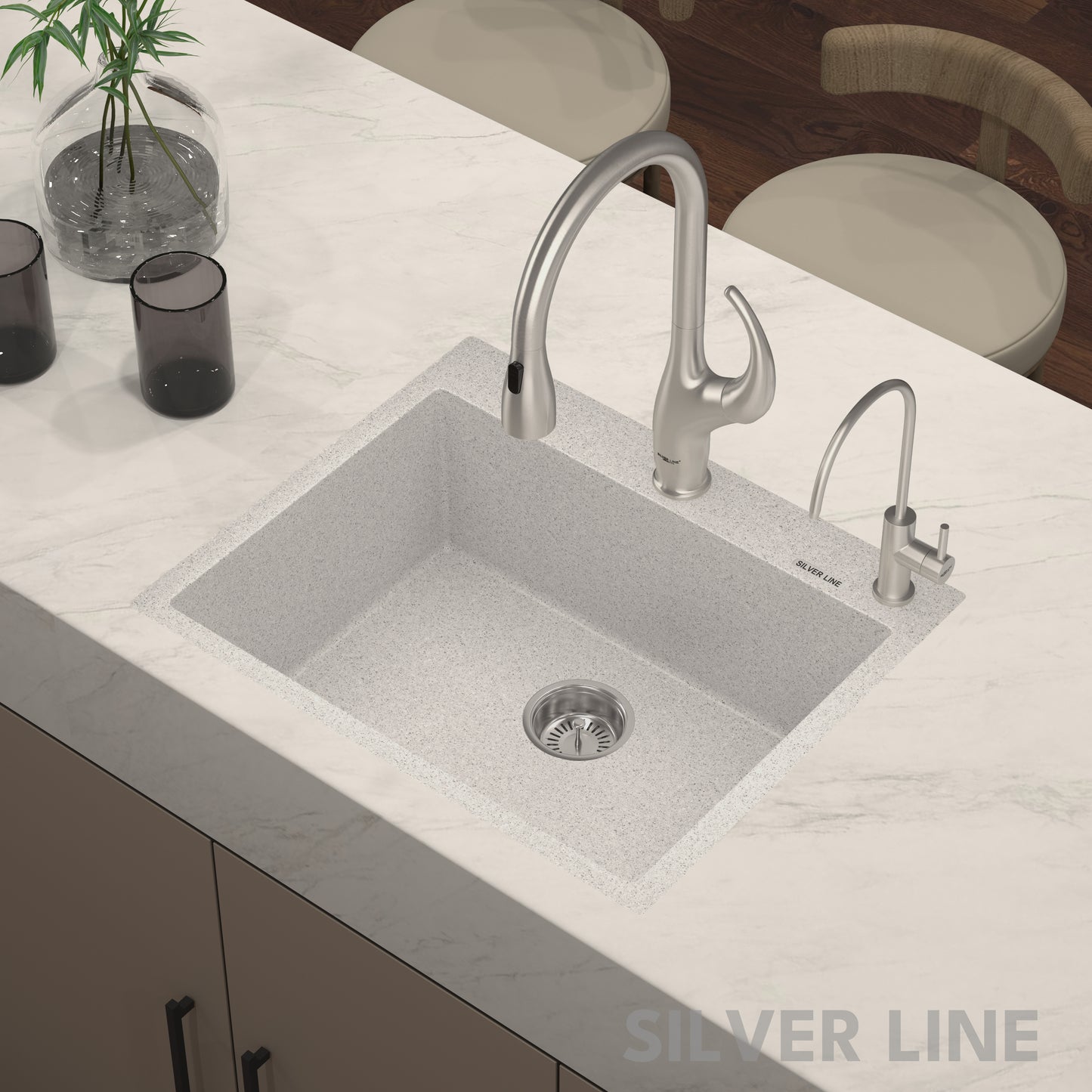 German Quartz Single Bowl Kitchen Sink with Faucet Deck- Crater (24" x 20" x 9")