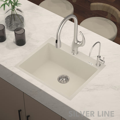 German Quartz Single Bowl Kitchen Sink with Faucet Deck- Ivory (24" x 20" x 9")