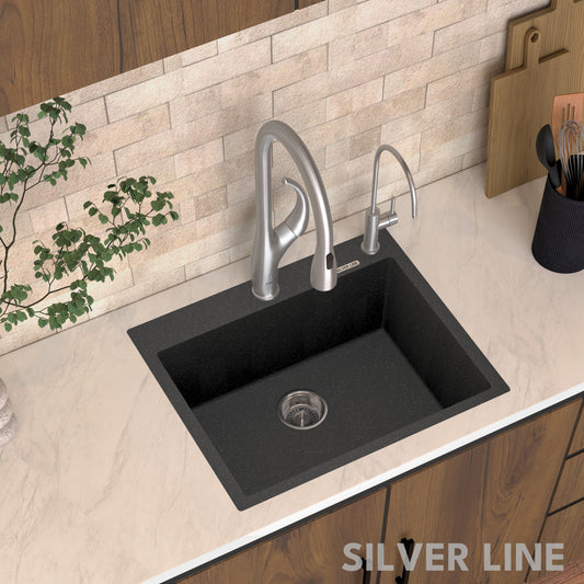 German Quartz Single Bowl Kitchen Sink with Faucet Deck- Starry Night (24" x 20" x 9")