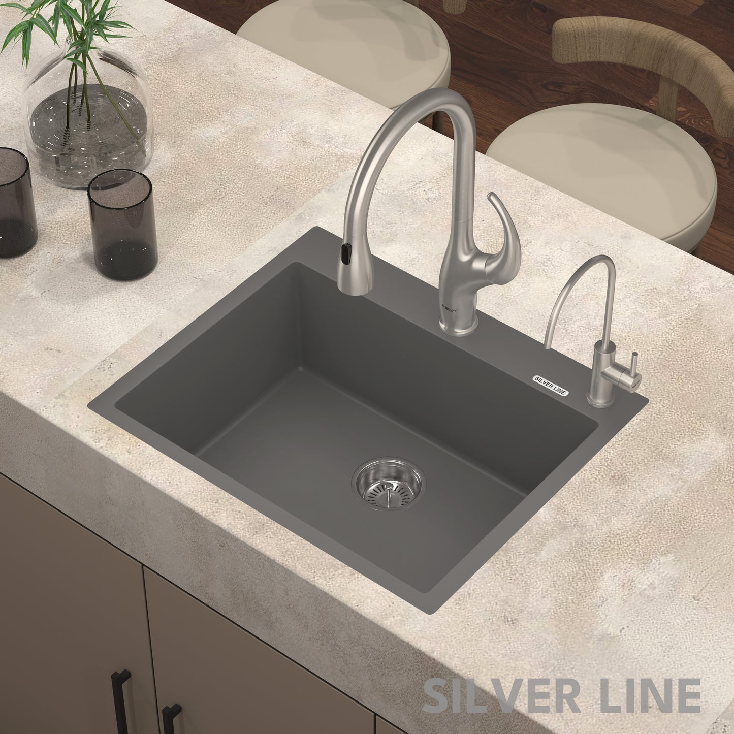 German Quartz Single Bowl Kitchen Sink with Faucet Deck- Slate (24" x 20" x 9")